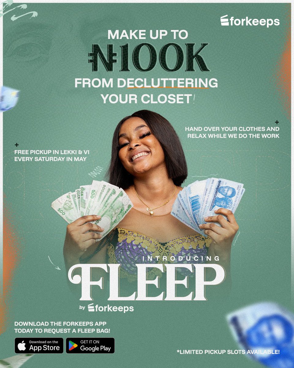 forkeeps_app's tweet photo. You see those clothes gathering dust in your closet? It's time to turn them into money!

This May, we're picking up clothes in Lekki &amp; VI listing them on the app.
We’ll do all the work. You’ll just get paid. 

Click the link in our bio to find out more and signup! https://t.co/yCXi073D0j