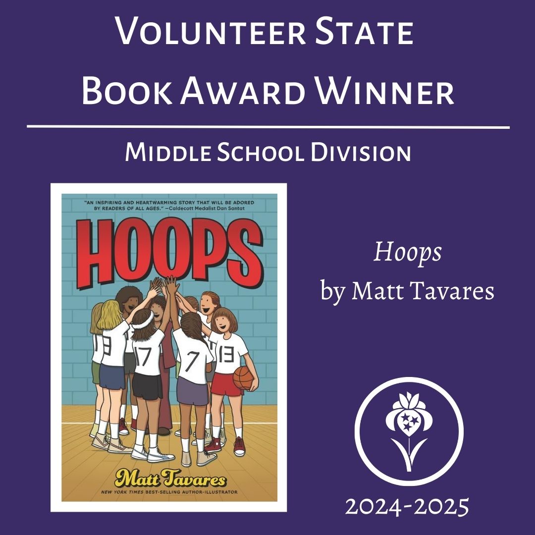 The 2024-2025 winner of the Volunteer State Book Award in the Middle School Division is Hoops by Matt Tavares! 🎉
<a href="/TASLTN/">TASL</a>
<a href="/TNLA/">Tennessee Library Association</a>