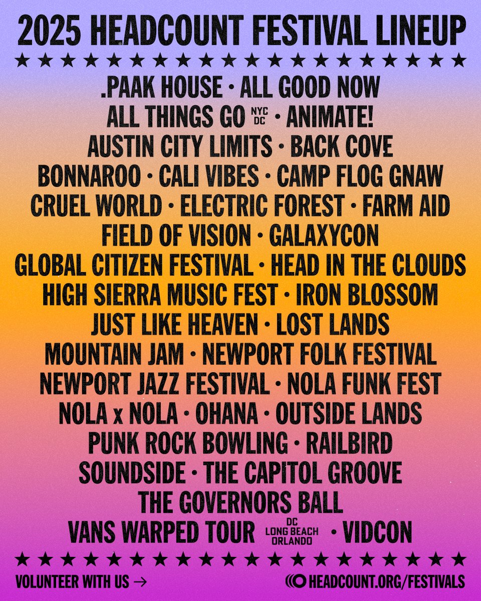 Festival season is baaaaaack 👏
Grab your sunscreen, pick out your fit, and tell a friend because we're headed to your favorite festival! 
Help us create lifelong voters and sign up to volunteer 👉 HeadCount.org/Festivals