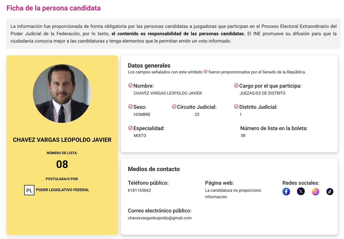 Miguel Alfonso Meza (@miguelmezac) on Twitter photo 🚨 Candidato a juez federal estuvo 6 años en prisión en Estados Unidos por tráfico de metanfetamina 💊
Fue aprobado por el Comité del Poder Legislativo, aunque <a href="/fernandeznorona/">Fernández Noroña</a> dice que los narcocandidatos vienen del Poder Judicial.
Leopoldo Javier Chávez Vargas es candidato a 🚨 Candidato a juez federal estuvo 6 años en prisión en Estados Unidos por tráfico de metanfetamina 💊
Fue aprobado por el Comité del Poder Legislativo, aunque <a href="/fernandeznorona/">Fernández Noroña</a> dice que los narcocandidatos vienen del Poder Judicial.
Leopoldo Javier Chávez Vargas es candidato a