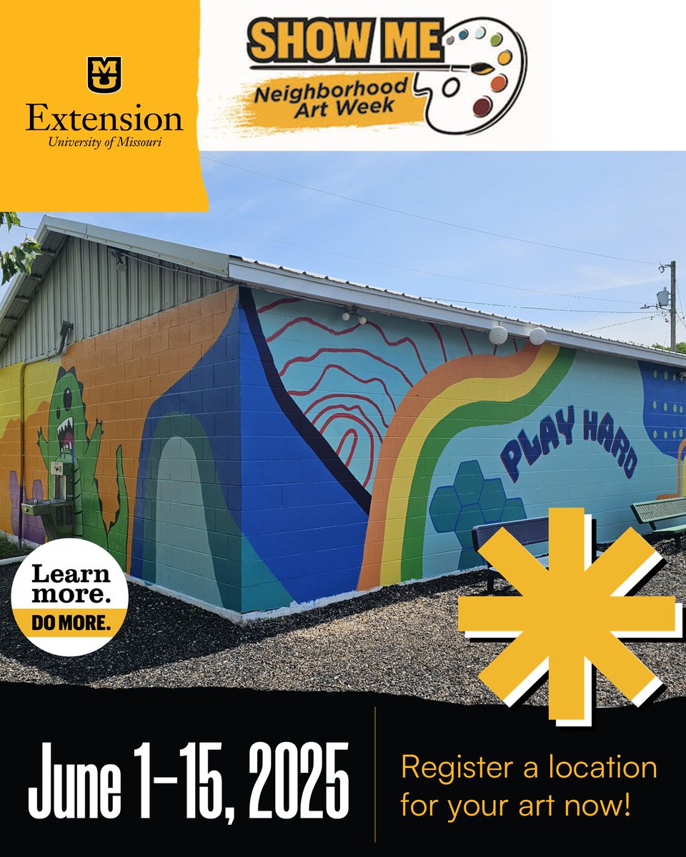Calling all creative St. Louisans! Show Me Neighborhood Art Week is a chance for Missouri residents to create public art in their neighborhoods. Join this statewide movement to beautify Missouri! Register your art's location at: extension.missouri.edu/programs/commu…