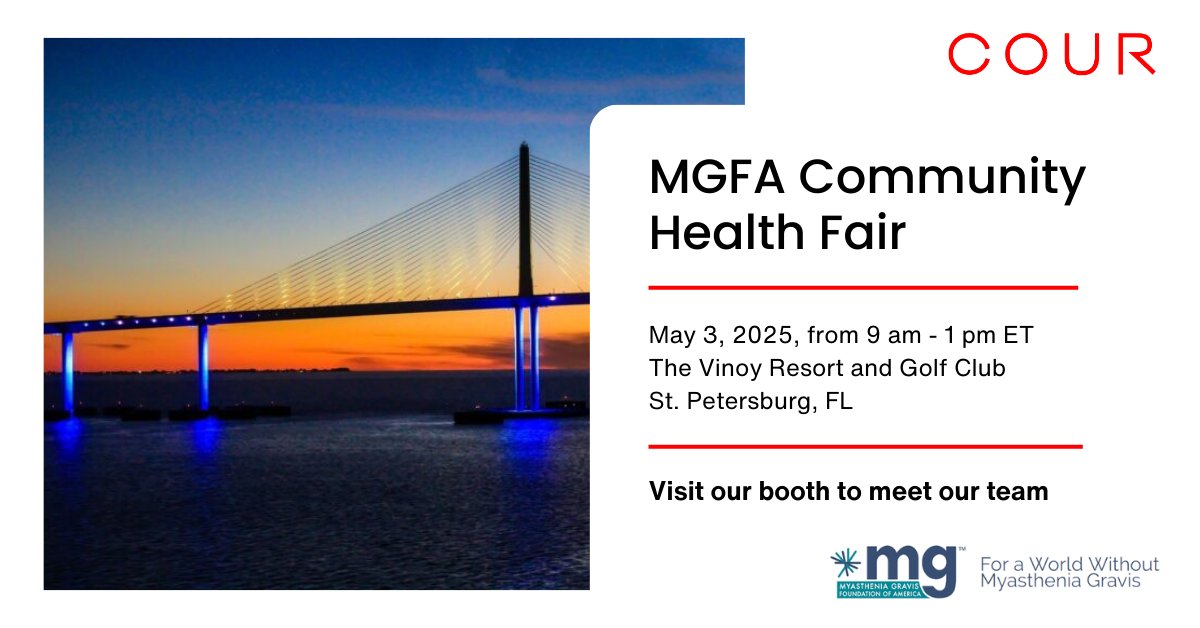 Cour Pharmaceutical Development Company, Inc. (@courpharma) on Twitter photo We will be at <a href="/MyastheniaOrg/">Myasthenia Gravis Foundation of America</a>’s Community Health Fair on May 3 in the Tampa Bay Area. Visit our booth to learn more about our investigational treatment for #MyastheniaGravis that is currently being evaluated in a Phase 1b/2a #ClinicalTrial. More here: bit.ly/4c2AgLP We will be at <a href="/MyastheniaOrg/">Myasthenia Gravis Foundation of America</a>’s Community Health Fair on May 3 in the Tampa Bay Area. Visit our booth to learn more about our investigational treatment for #MyastheniaGravis that is currently being evaluated in a Phase 1b/2a #ClinicalTrial. More here: bit.ly/4c2AgLP