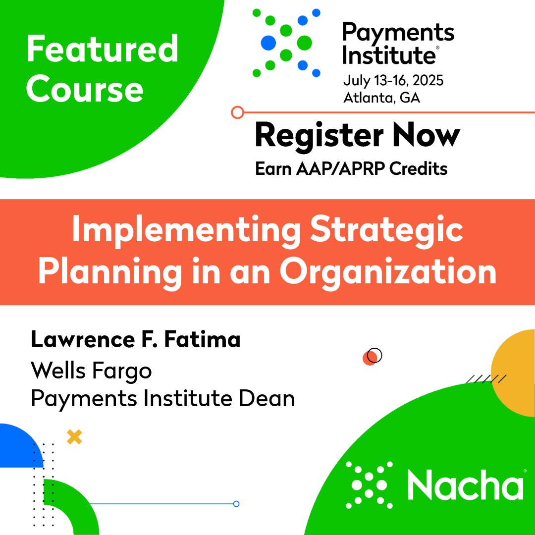 Elevate your skills at the Payments Institute from July 13- 16 in Atlanta! The course, Implementing Strategic Planning in an Organization, provides students with a glimpse into the process of developing a strategic plan. 

Don’t miss it! Register here: hubs.la/Q03kRLzB0 .