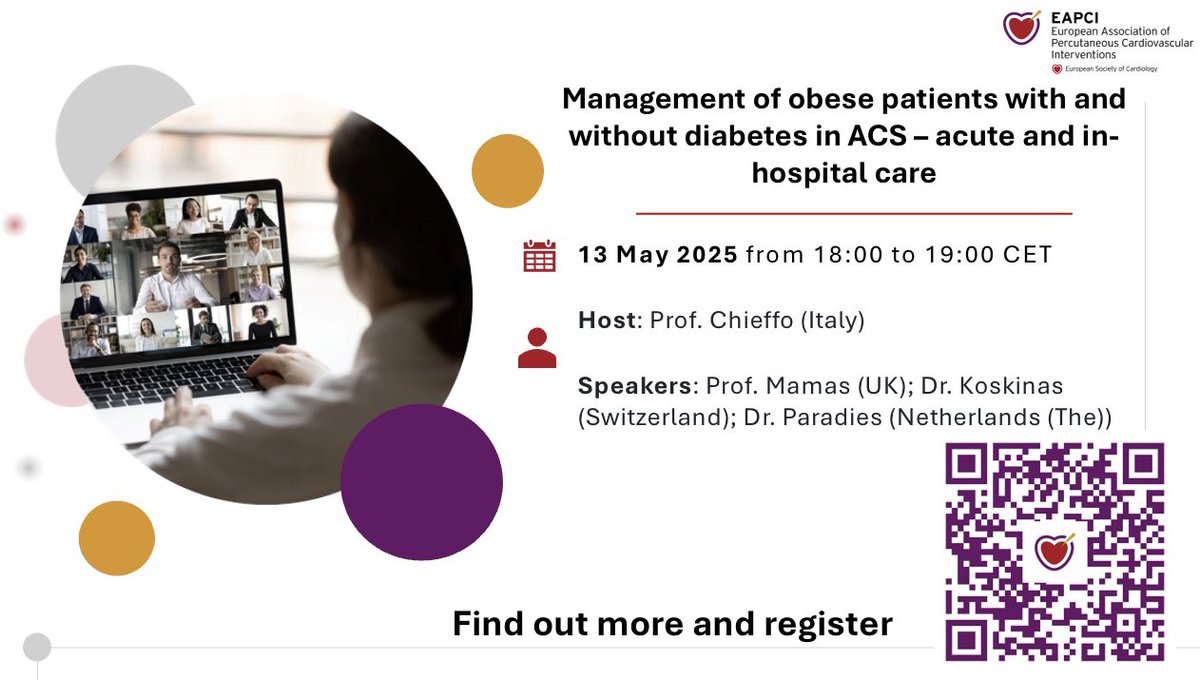 EAPCIPresident (@eapcipresident) on Twitter photo 🚨#EAPCI Webinar Alert 🚨
🎯 Management of obese patients with and without diabetes in ACS - acute and in-hospital care
<a href="/alaide_chief/">chief</a> <a href="/mmamas1973/">Mamas A. Mamas</a> <a href="/valeriaparadies/">Valeria Paradies</a> #DrKoskinas
🗓️ 13 May 2025 - 18:00 CET
👉 Free registration: esc365.escardio.org/event/2001 🚨#EAPCI Webinar Alert 🚨
🎯 Management of obese patients with and without diabetes in ACS - acute and in-hospital care
<a href="/alaide_chief/">chief</a> <a href="/mmamas1973/">Mamas A. Mamas</a> <a href="/valeriaparadies/">Valeria Paradies</a> #DrKoskinas
🗓️ 13 May 2025 - 18:00 CET
👉 Free registration: esc365.escardio.org/event/2001