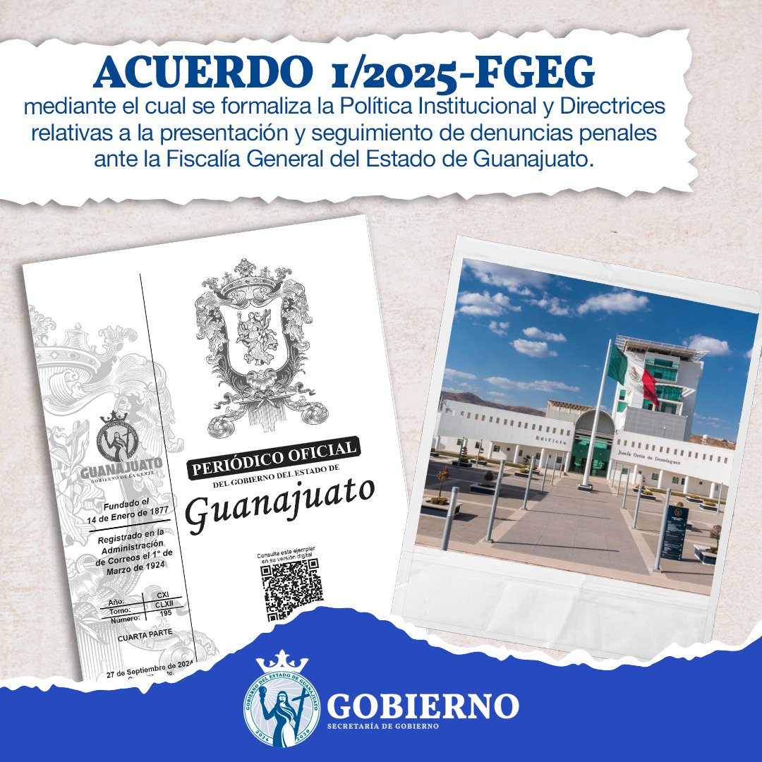 #HoyEnElPeriódicoOficial 📄

Conoce el Acuerdo 1/2025-FGEG mediante el cual se formaliza la Política Institucional y Directrices relativas a la presentación y seguimiento de denuncias penales ante la <a href="/FGEGUANAJUATO/">Fiscalía General del Estado de Guanajuato</a>.

➕ Info: goo.su/jZPzIa