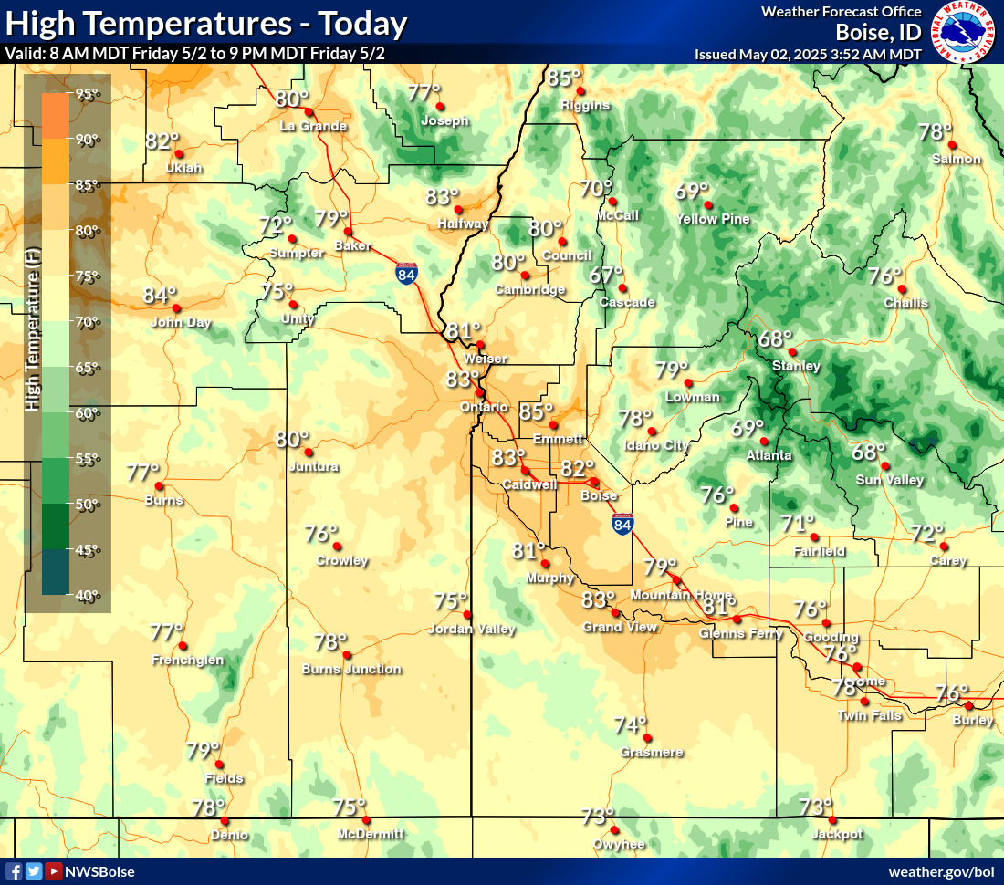 ☀️Today we'll see warm and sunny conditions with valley highs reaching the 70s to lower 80s. Tomorrow will be more active with showers and thunderstorms late in the day. Stay tuned!