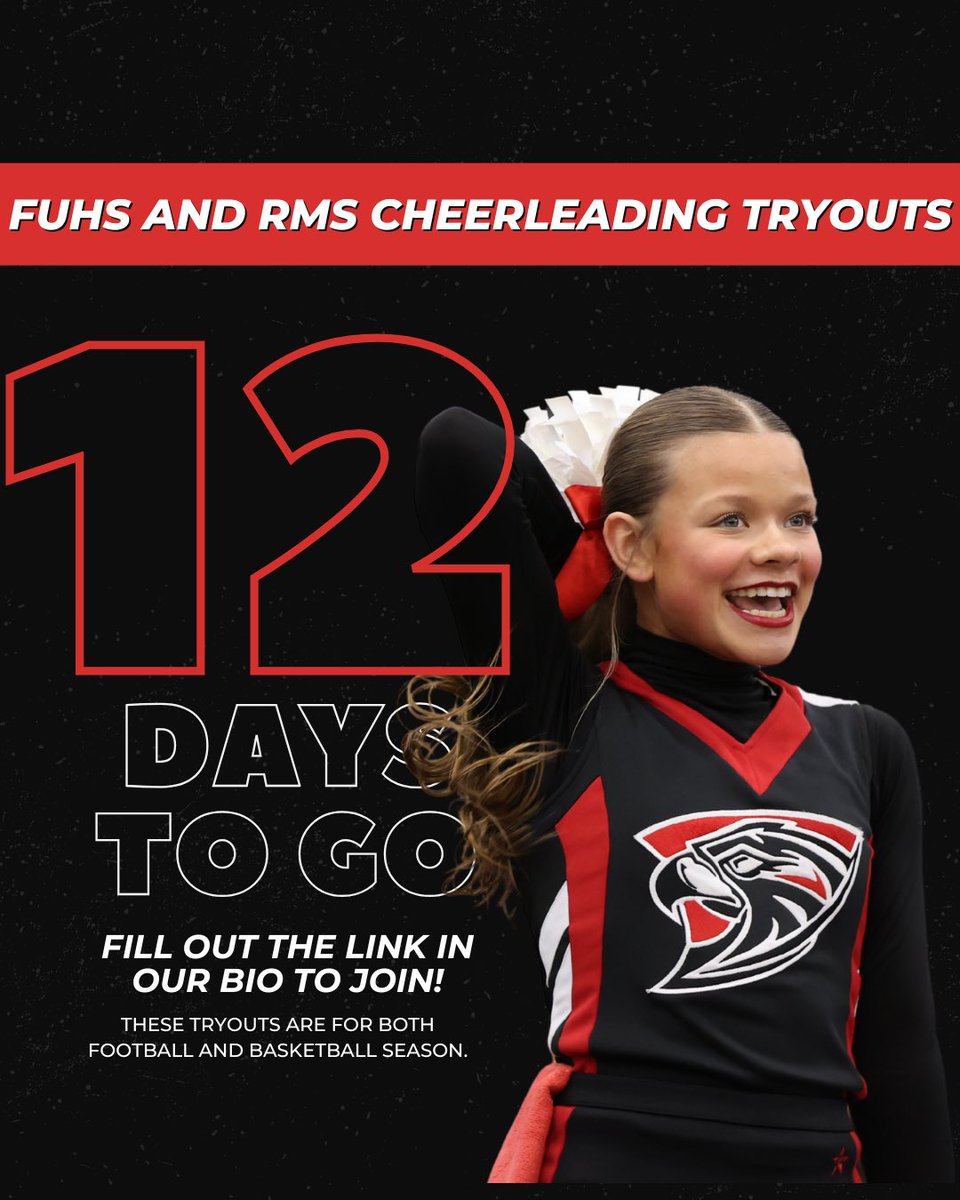 Only 12 days until tryouts for football and basketball sideline cheerleading— be sure to fill out the link in our bio to join us! #FalconCheerleading