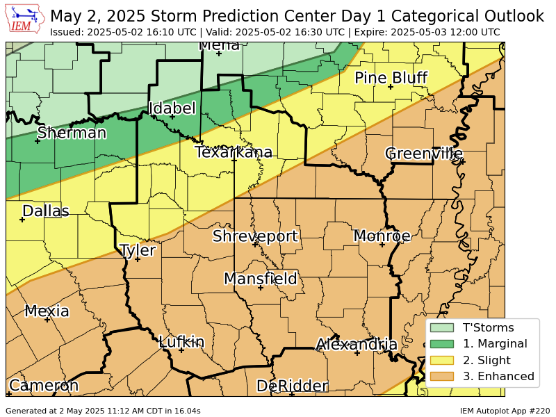 #SPC issues Day 1 Enhanced Convective Risk at May 2, 16:10z for SHV spc.noaa.gov/products/outlo…