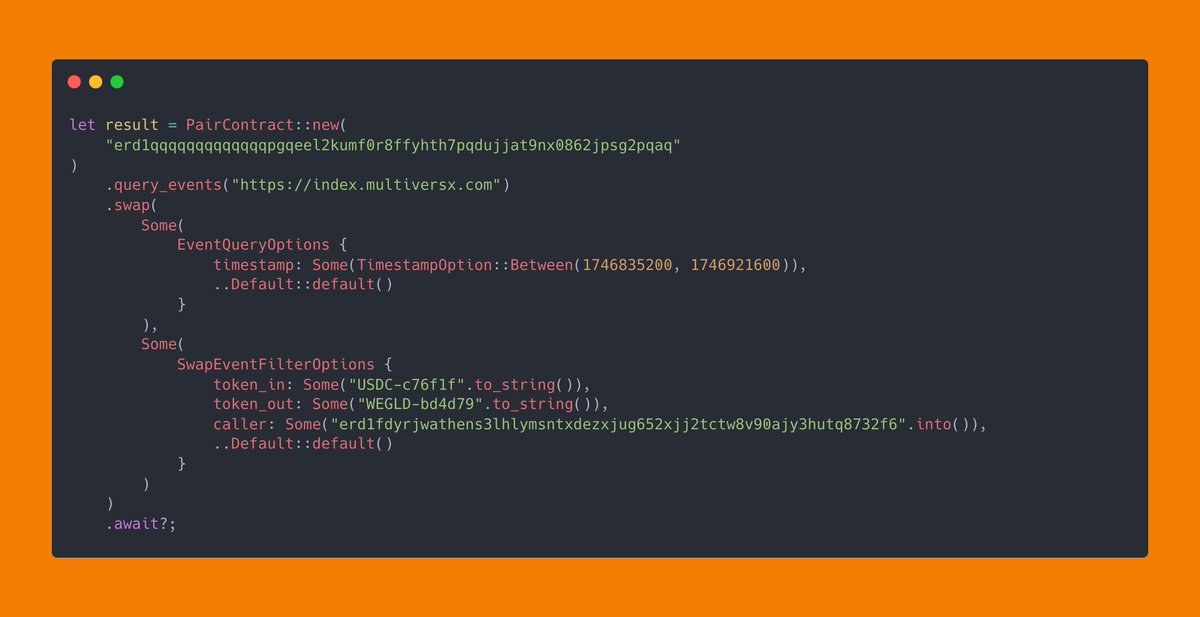 gfusee33's tweet photo. NovaX version 0.2.5 released!
This version brings the ability to query, filter, and parse past events emitted by a smart contract. NovaX generates the queries at compile time from your ABIs, ensuring maximum convenience and safety! This feature elevates the developer experience to the next level 🔥
Note that this feature is totally protocol-agnostic and only requires the ABI files. You can cache the results with a single line of code, just like any other interaction possible with NovaX.
Here are some of the infinite use cases possible:
- Get past swaps that occurred on @xExchangeApp, filtering by address/token/date/…
- Retrace the history of lending and borrowing for a specific @HatomProtocol lending market
- Compute @autoscale_ strategy assets acquired over each compound
- Fetch the history of offers during a specific time period for a specific NFT on @XoxnoNetwork, even if the NFT is no longer listed
- etc.
Let me show you a concrete example by starting with the first use case: querying and parsing past swaps executed by a specific address between April 10, 2025, and April 11, 2025, where the input token is USDC and the output one is WEGLD.
After setting up the project with the xExchange LP’s ABI (check NovaX’s cookbook for instructions), you can start using NovaX’s event querying feature. Here is the code to retrieve the swaps that occurred on the USDC/WEGLD LP:
Let’s add a filter to keep only those between 10th April 2025 and 11th April 2025:
Now let’s filter the results for a specific address and only USDC → WEGLD swaps:
NovaX already parses the results in a convenient way for developers, you can easily read the event fields:
Here is a non-exhaustive list of what NovaX is capable of today, all generated at compile time and thoroughly tested:
- Querying contracts
- Calling contracts
- Simulating contract calls
- Cloning contract and account states
- Mocking contracts: NovaX creates instances of the RustVM configured to your needs. You can switch from local mocks to real network calls by changing just one line of code
- Querying events
- Retrieving blockchain information such as balances, NFTs, token properties, etc.
- Parsing NFT attributes in a type-safe way
- Caching all of the above features with super-efficient strategies: in-memory, Redis, and locked caching (where no duplicate requests are sent at the same time). You choose the duration, until the end of the current block or for a specific number of seconds.
- Error handling: NovaX wraps all errors in enums and the Result type, making them exhaustive and catchable at any point.
- Everything is mockable and customizable: you can create your own executors for transactions, queries, simulations, etc., or compose existing ones, replacing components such as the HTTP client with your own implementation
It has never been this easy to interact with a blockchain, NovaX makes it seamless, and more features are coming 👀
NovaX is fully open-sourced, check it yourself: https://t.co/X1VyKjH7gH
