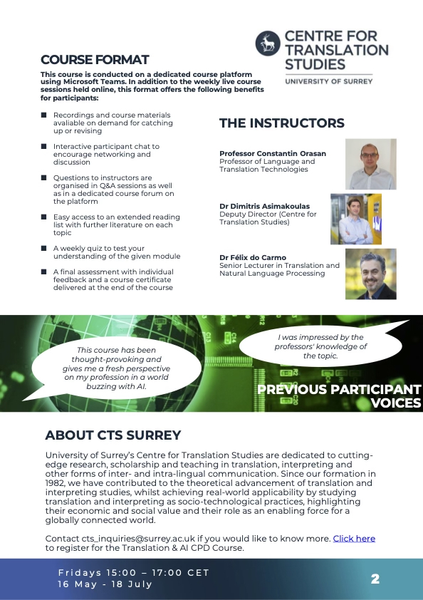 🚨 Following our successful webinar today, we would like to announce that registrations for our 10-week Translation &amp; AI CPD are still open!

Our #online CPD takes place every Friday 3-5pm CET starting 16 May to 18 July.

ℹ️  surrey.ac.uk/cpd-and-short-…

📝 lnkd.in/dcdKqSzS