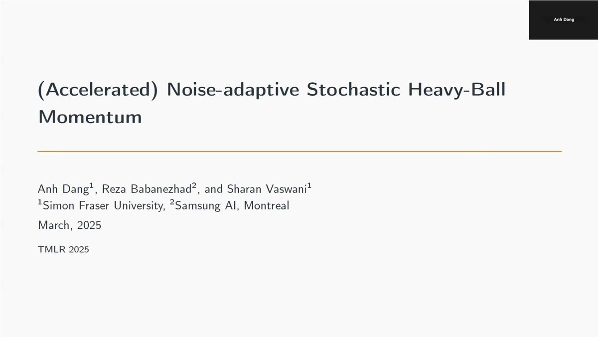 TmlrVideos's tweet image. (Accelerated) Noise-adaptive Stochastic Heavy-Ball Momentum

Anh Quang Dang, Reza Babanezhad Harikandeh, Sharan Vaswani

tmlr.infinite-conf.org/paper_pages/Ok…

#sgd #batch #optimal