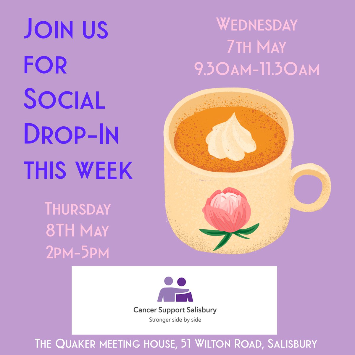 Join us next week for social drop-in, our friendly volunteers will be on hand to listen and make you a cuppa. Open to anyone affected by cancer including their loved ones and carers. #cancersupportsalisbury