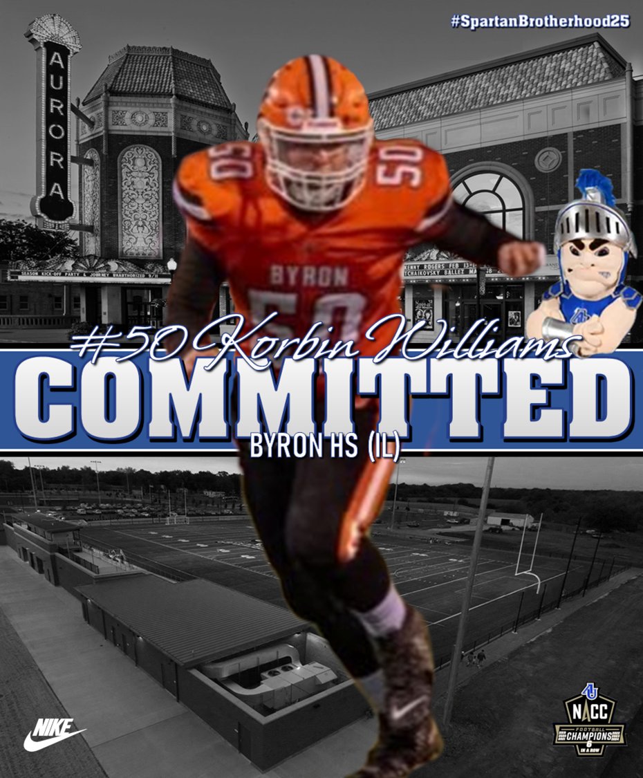Aurora University Football (@au_spartanfb) on Twitter photo Spartan Fans, we are excited to welcome <a href="/KorbinWilliams0/">Korbin Williams</a> from Byron HS to the Aurora Football Family. #WeAreOneAU #SpartanBrotherhood25 Spartan Fans, we are excited to welcome <a href="/KorbinWilliams0/">Korbin Williams</a> from Byron HS to the Aurora Football Family. #WeAreOneAU #SpartanBrotherhood25