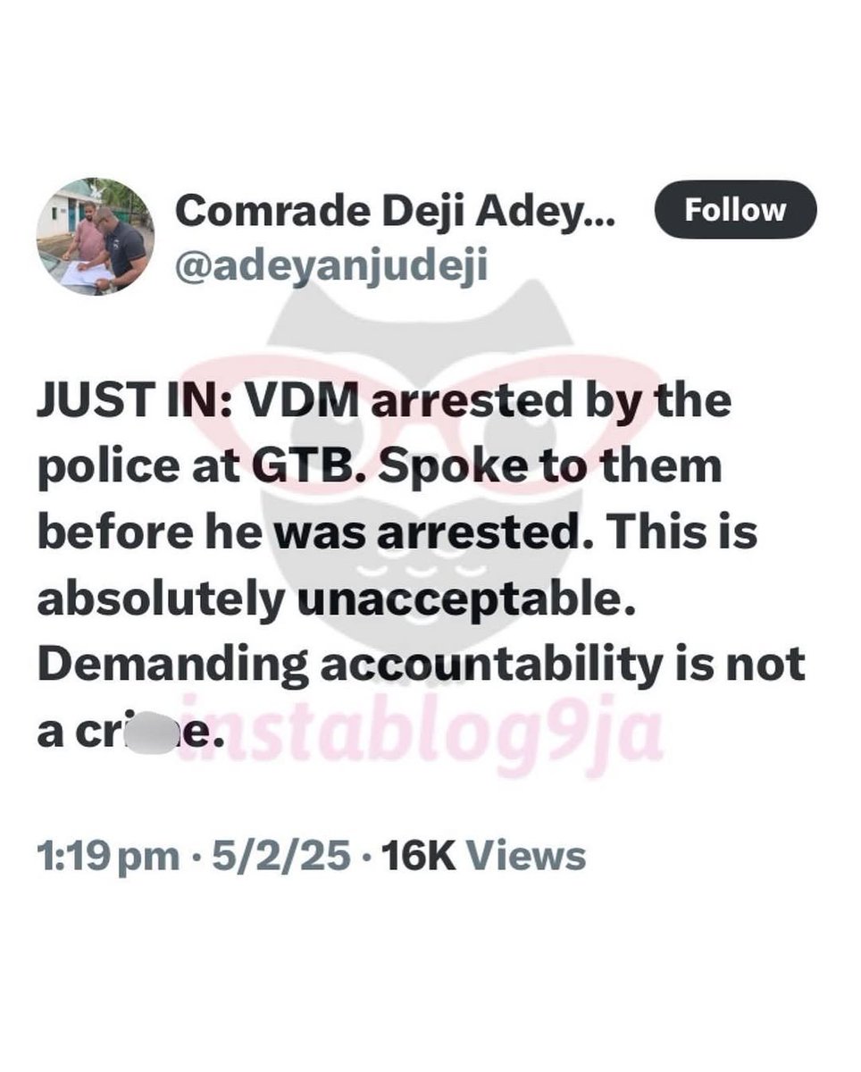 instablog9ja's tweet photo. VeryDarkMan Arrested by Police at GTBank Premises Over Complaints about Alleged Unauthorized Debits from his Mum's Account

Popular Nigerian influencer Martins Vincent Otse, popularly known as VeryDarkMan (VDM), has been arrested by police officers in Abuja.

According to his lawyer, Barrister Deji Adeyanju, the arrest occurred at the GTBank branch in Area 3, following VDM's public allegations against the bank over unauthorized transactions on his mother's account.

Adeyanju confirmed the incident via Twitter on Friday, describing the arrest as unacceptable. "JUST IN: VDM arrested by the police at GTB. Spoke to them before he was arrested. This is absolutely unacceptable. Demanding accountability is not a crime," he posted.

In a follow-up tweet, he added that VDM was taken into custody alongside a friend named C Park, while his mother was left behind.