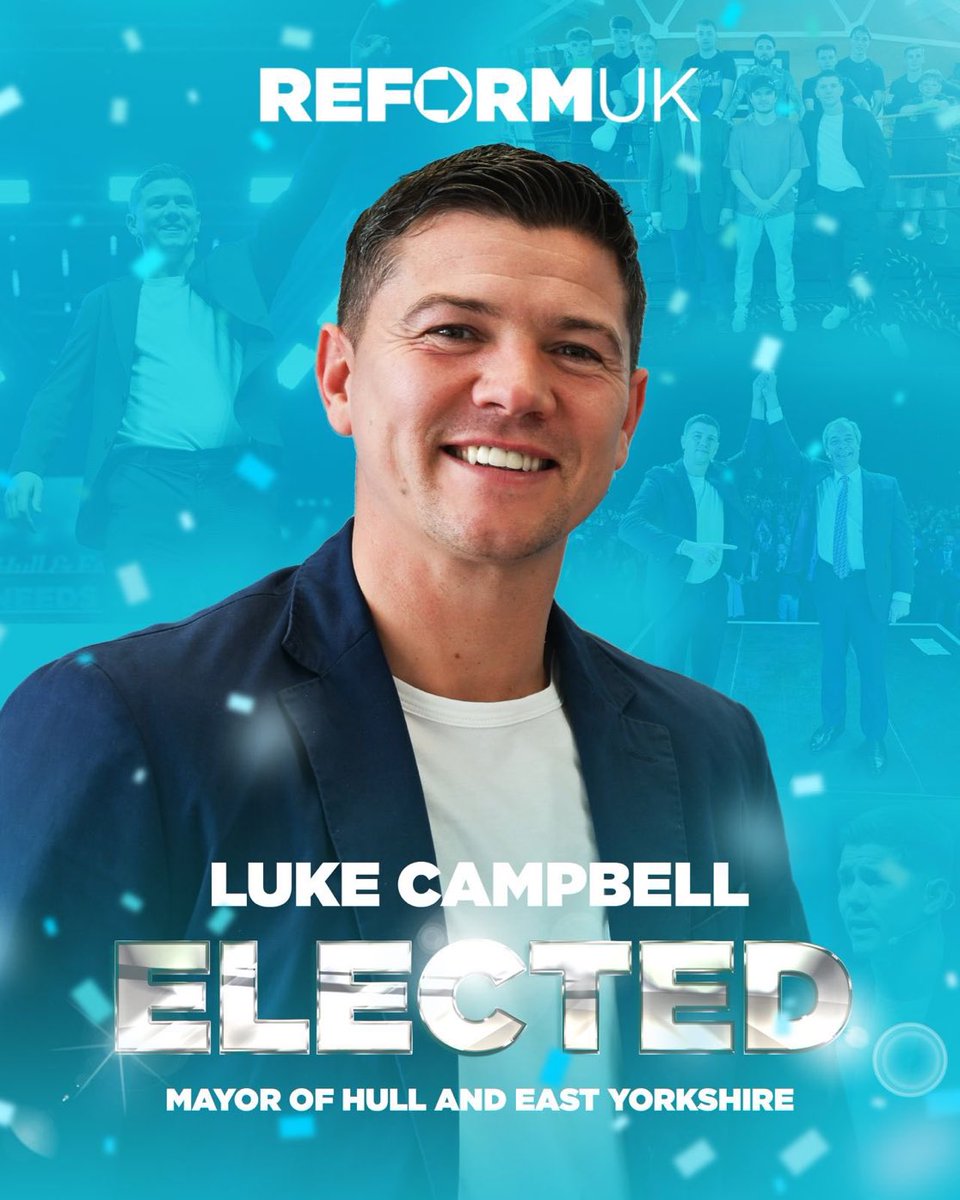ReformDaily_'s tweet image. 🎉 Congratulations to the newly elected Reform UK Mayor for Hull and East Yorkshire, @luke11campbell!

A big win for common sense &amp;amp; real change in the North! 🇬🇧🗳️

#ReformUK #Hull #EastYorkshire #LocalElections2025
