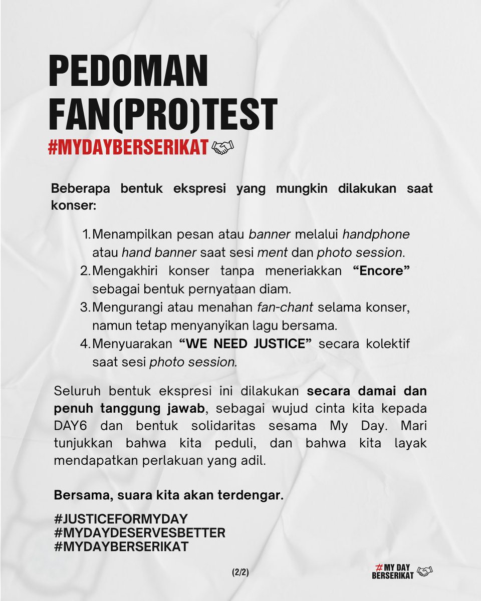 Dear My Day,

Suara My Day ada sebagai wujud kekecewaan yang telah kita lalui bersama selama 5 bulan terakhir. 

Ekspresi ini bukan bentuk kebencian, tapi bentuk cinta dan perjuangan atas ketidakadilan yang kita alami sebagai fans.

Mari jalankan Suara My Day ini dengan aman,