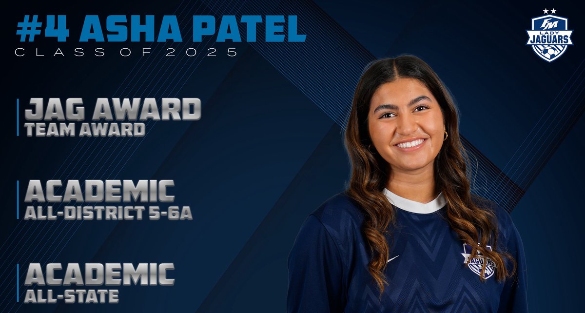 FMLadyJagSoccer's tweet image. 🏅 DISTRICT HONORS: ASHA PATEL
Team JAG Award
Academic All-District & All-State
Asha’s hard work, bright spirit, and constant smile were a huge part of our success! Earning the Team JAG Award is a well-deserved recognition of her incredible dedication and positive impact!