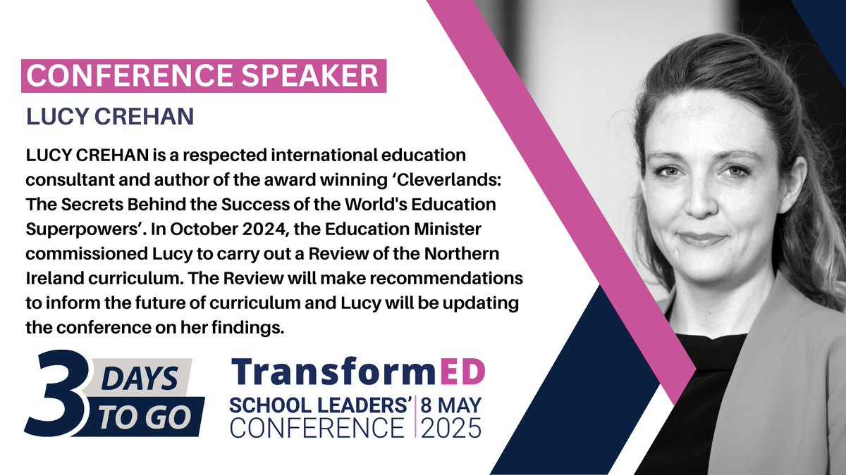 ⏲️ Conference countdown – three days to go!

Lucy Crehan, the highly respected international education consultant and leading author, will be joining us at the #TransformEd School Leaders’ Conference on Thursday 8 May to update school leaders on her findings from her Review of