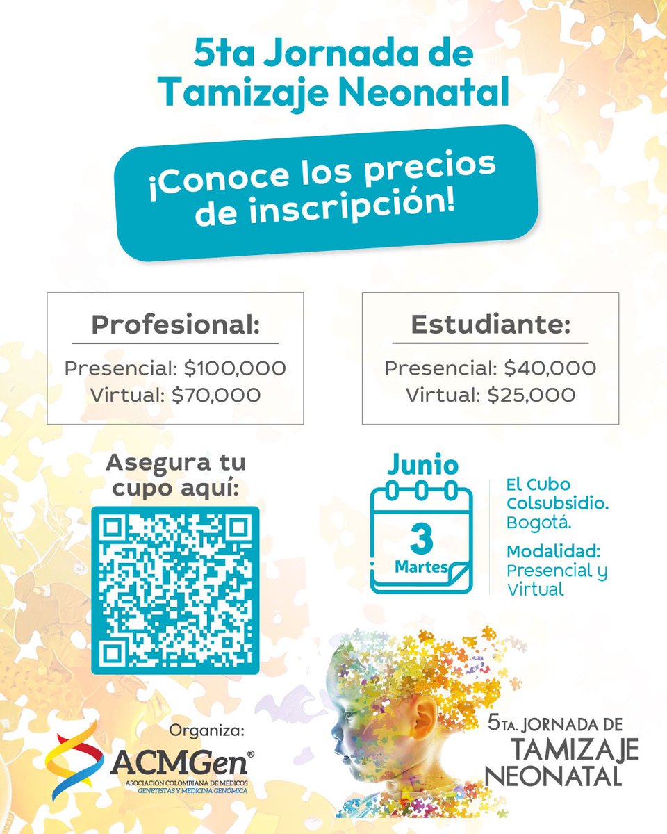 📢 ¡Asegura tu cupo y sé parte de la 5ta Jornada de Tamizaje Neonatal! 🔬✨
Consulta los precios de inscripción y participa en este evento clave sobre avances en tamizaje neonatal.

📌 Inscríbete aquí:
👉 welcu.com/asociacion-col…