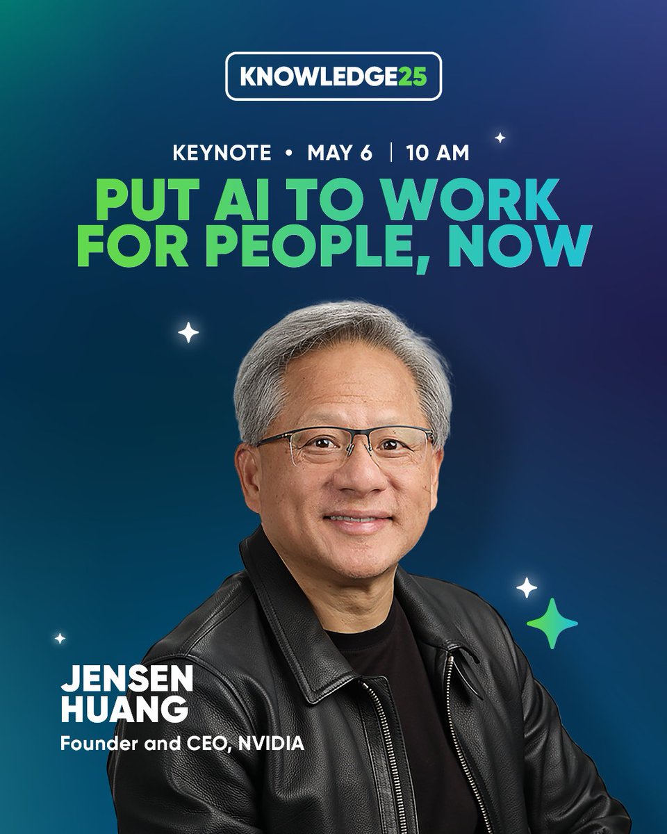 TravisDarrow's tweet image. The future of AI-powered business transformation is here! Join us at Knowledge 2025 as @NVIDIA Founder &amp;amp; CEO Jensen Huang reveals groundbreaking insights that will reshape how we work. Don&apos;t miss this visionary keynote: servicenow.com/events/knowled… #Knowledge25 #AI