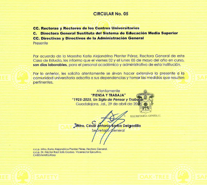 CesarBarbaD's tweet image. Les comparto la circular 5 dirigida a la comunidad universitaria, el día de hoy y el próximo lunes se llevarán a cabo las actividades con normalidad