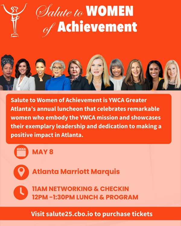 MJamisononline's tweet photo. Salute to Women of Achievement is YWCA Greater Atlanta’s Annual Luncheon on Thursday, May 8th,  will celebrate remarkable women who embody the YWCA mission of exemplary leadership and dedication to making a positive impact in Atlanta.  Go to https://t.co/QLHUbccr0I for more info. https://t.co/BTuyAzCXbt