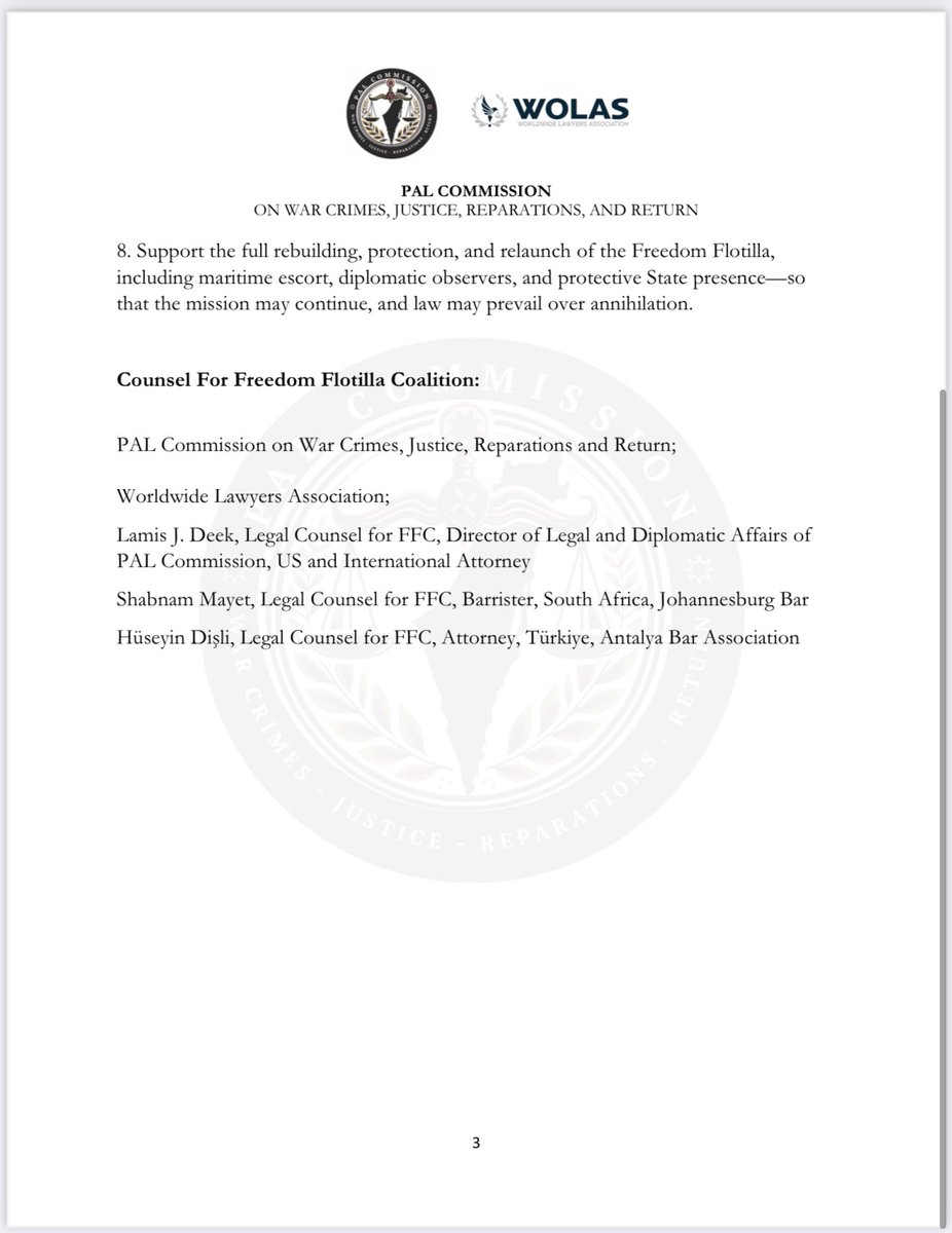 Ramy Abdu| رامي عبده (@ramabdu) on Twitter photo STATEMENT BY ATTORNEYS FOR FREEDOM FLOTILLA
COALITION <a href="/wolasorg/">WOLAS - Yeryüzü Avukatları Derneği</a> <a href="/PALwarcrimes/">PAL Commission</a>:
ISRAELI BOMBING OF FLOTILLA OFF MALTA COAST IS AN ACT OF
WAR AGAINST STATE SOVEREIGNTY, HUMANITY, AND LAW STATEMENT BY ATTORNEYS FOR FREEDOM FLOTILLA
COALITION <a href="/wolasorg/">WOLAS - Yeryüzü Avukatları Derneği</a> <a href="/PALwarcrimes/">PAL Commission</a>:
ISRAELI BOMBING OF FLOTILLA OFF MALTA COAST IS AN ACT OF
WAR AGAINST STATE SOVEREIGNTY, HUMANITY, AND LAW