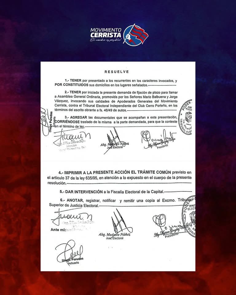 La Justicia Electoral, tuvo por iniciada la demanda presentada por los apoderados del Movimiento y notificó de ello al TEI del Club Cerro Porteño quien deberá responder a la demanda.