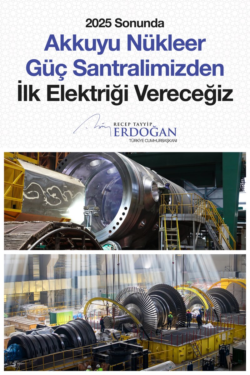 RTErdogan's tweet photo. Cumhuriyet tarihimizin en büyük enerji projesi olan Akkuyu Nükleer Güç Santrali’nin ilk reaktörünün inşası yakın zamanda tamamlanıyor.
 
Bu yıl sonunda deneme üretimine başlayıp Akkuyu’dan ilk elektriği vereceğiz.                                                                   

Diğer reaktörlerin de tamamlanmasıyla birlikte 2028’de Akkuyu Nükleer Güç Santrali’nin tam kapasite çalışmasını öngörüyoruz.
 
Santral tüm bileşenleriyle devreye girdiğinde doğal gaz ithalatımız yıllık 7 milyar metreküp azalacak.

Bu da 2,5 milyar dolarlık bir tasarruf anlamına geliyor.
