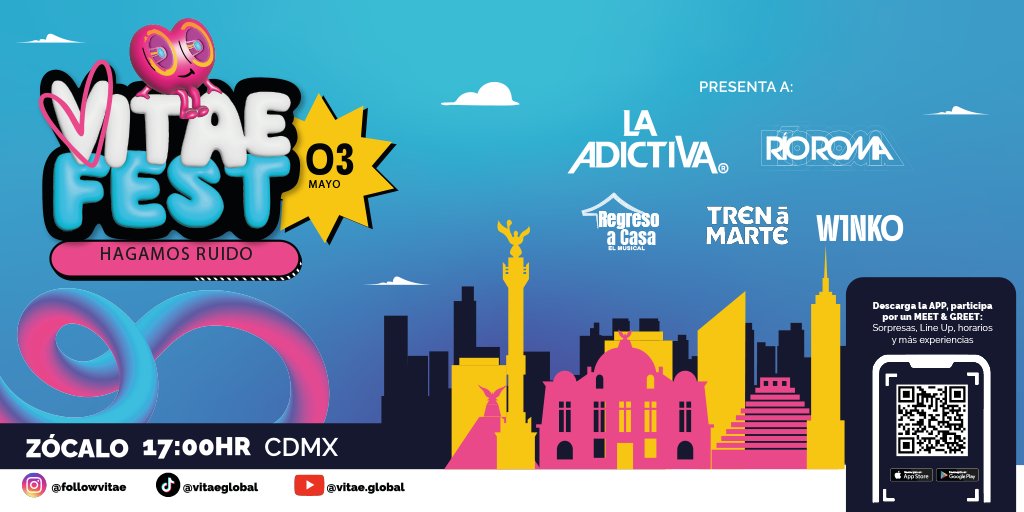 LaMejor's tweet photo. 🎶 ¡Prepárate, CDMX! #VitaeFest llega con esperanza, alegría y dos grandes: #RíoRoma y #BandaLaAdictiva. 🔥
🎉 Música, paz y mucha fiesta.
📲 Descarga la app de VitaeFest y sé parte de esta experiencia única.
#HagamosRuido https://t.co/57yKb7s7lp