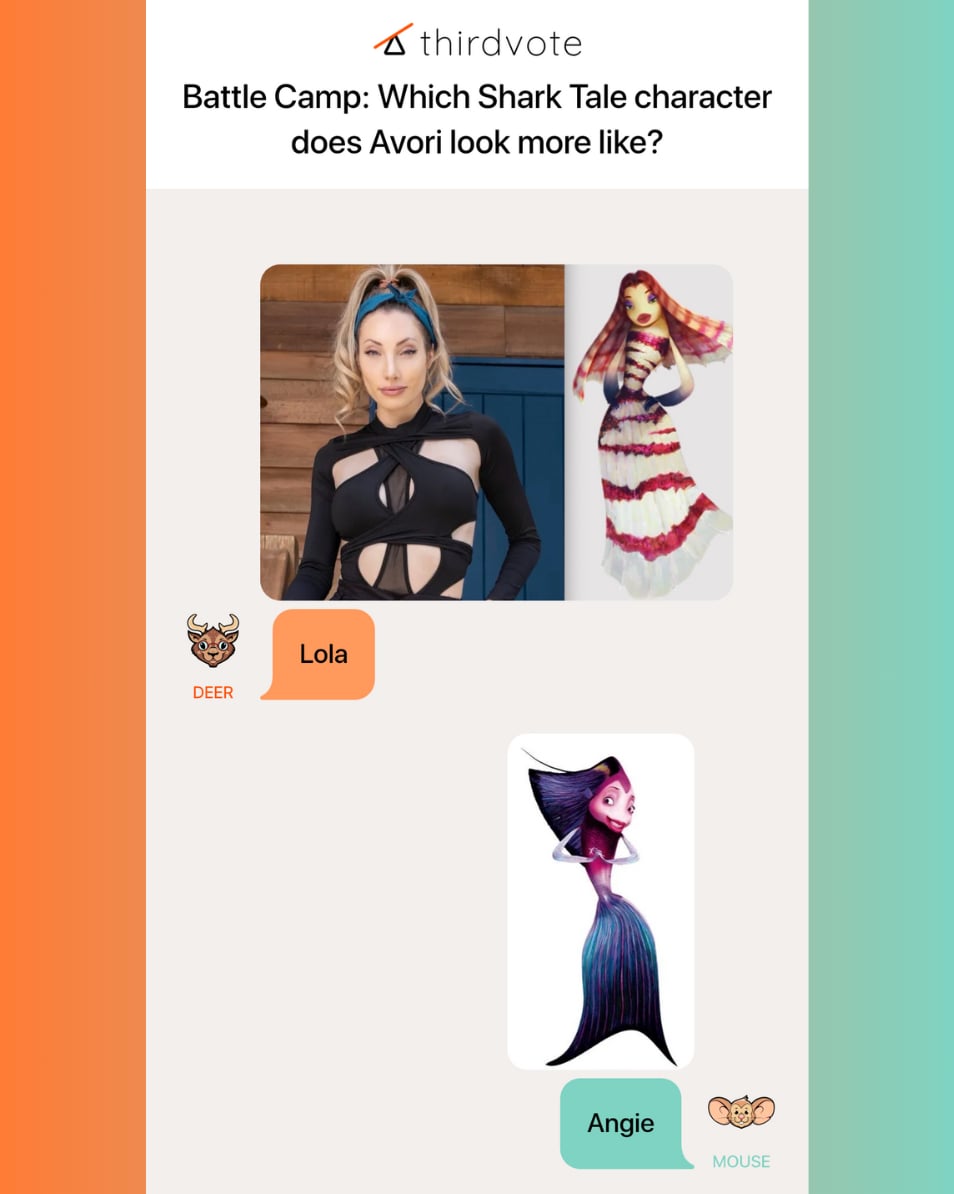 Thirdvote's tweet image. Battle Camp: Which Shark Tale character does Avori look like? 

Join the debate 👇 
thirdvote-prod.web.app/cases/edafc860…

#BattleCamp #battlecampnetflix #Netflix #realitytv #realityshow