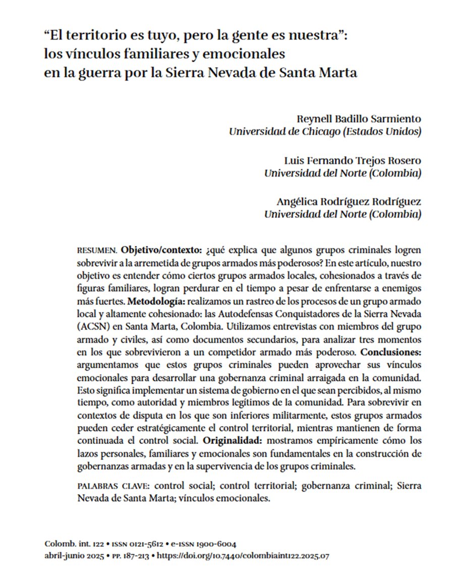 Reynell Badillo (@reynellbadillo) on Twitter photo "El territorio es tuyo, pero la gente es nuestra". En este artículo (con <a href="/TrejosRosero/">Luis Fernando Trejos Rosero</a> y Angélica Rodríguez) mostramos cómo algunos grupos armados en Colombia sobreviven guerras con grupos más poderosos: integrándose con las comunidades que gobiernan.
revistas.uniandes.edu.co/index.php/colo… "El territorio es tuyo, pero la gente es nuestra". En este artículo (con <a href="/TrejosRosero/">Luis Fernando Trejos Rosero</a> y Angélica Rodríguez) mostramos cómo algunos grupos armados en Colombia sobreviven guerras con grupos más poderosos: integrándose con las comunidades que gobiernan.
revistas.uniandes.edu.co/index.php/colo…
