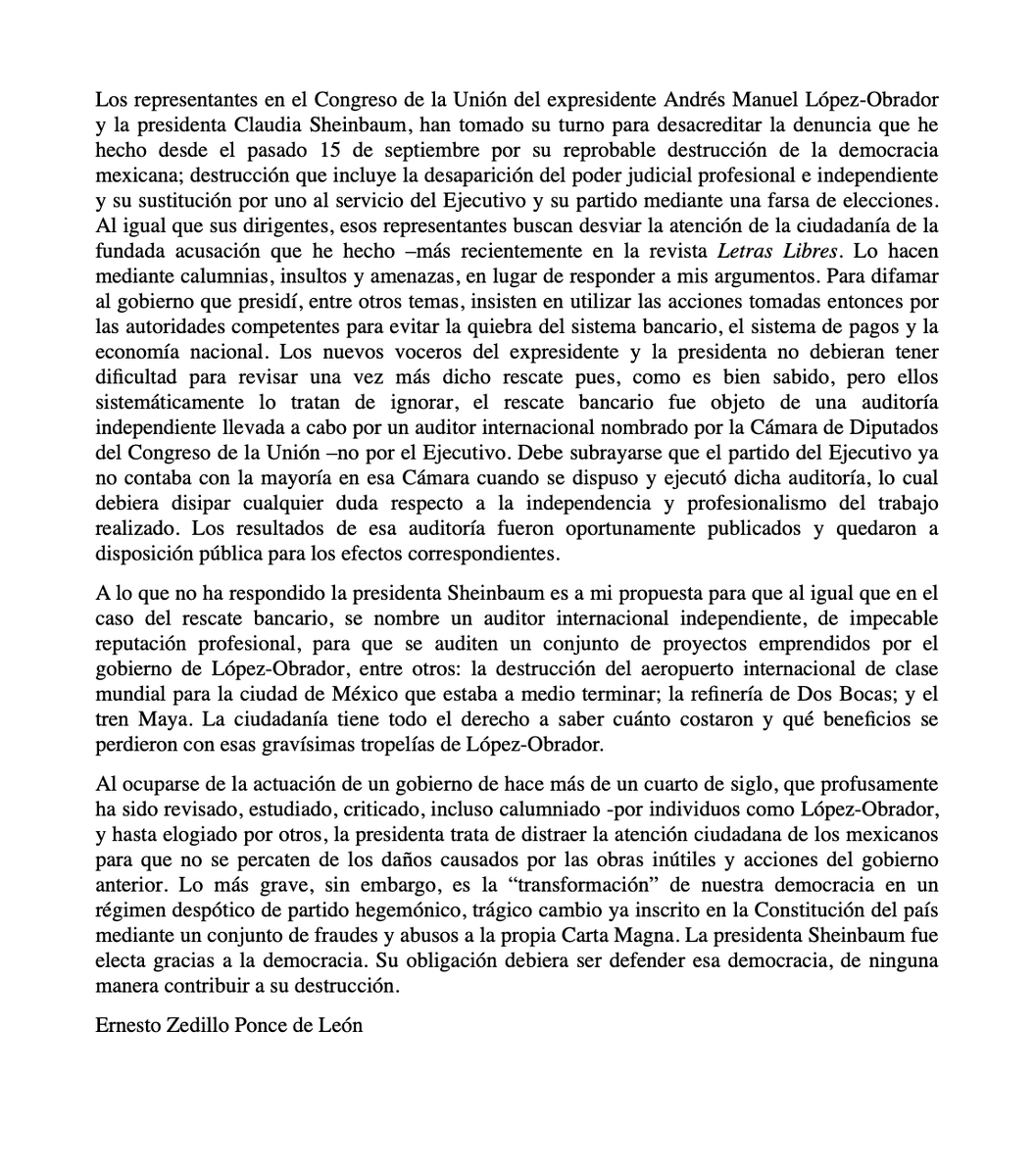 Tercera respuesta de #Zedillo a <a href="/Claudiashein/">Claudia Sheinbaum Pardo</a>: 

Acusa que la presidenta busca distraer a la ciudadanía de los daños causados por “obras inútiles” y acciones del sexenio anterior.