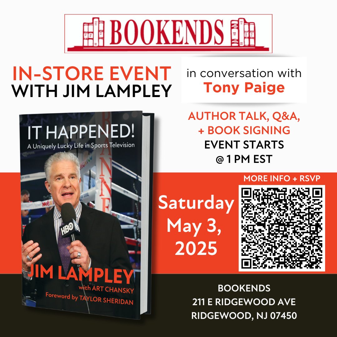 Fred Sternburg (@toofred) on Twitter photo RIDGEWOOD, NEW JERSEY, HELLO!
TOMORROW! #JimLampley resumes his national book tour, at <a href="/BookendsNJ/">Bookends, Ridgewood</a>. You can reserve your seat using the QR code below or this link: book-ends.org/product/jim-la… <a href="/MattHoltBooks/">Matt Holt Books</a> <a href="/BenBellaBooks/">BenBellaBooks</a> <a href="/RyanGarcia/">RYAN GARCIA</a> <a href="/Realdevinhaney/">Devin Haney</a> <a href="/TeofimoLopez/">Teofimo Lopez</a> #Boxing <a href="/Olympics/">The Olympic Games</a> RIDGEWOOD, NEW JERSEY, HELLO!
TOMORROW! #JimLampley resumes his national book tour, at <a href="/BookendsNJ/">Bookends, Ridgewood</a>. You can reserve your seat using the QR code below or this link: book-ends.org/product/jim-la… <a href="/MattHoltBooks/">Matt Holt Books</a> <a href="/BenBellaBooks/">BenBellaBooks</a> <a href="/RyanGarcia/">RYAN GARCIA</a> <a href="/Realdevinhaney/">Devin Haney</a> <a href="/TeofimoLopez/">Teofimo Lopez</a> #Boxing <a href="/Olympics/">The Olympic Games</a>