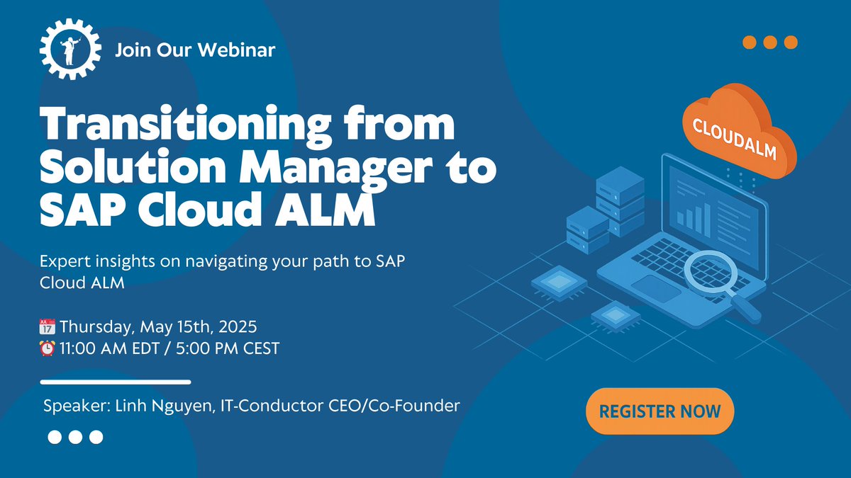 ITConductor's tweet image. Still on SAP Solution Manager? With support ending, it&apos;s time to plan your move to SAP Cloud ALM.

Join our CEO, Linh Nguyen, on May 15 to learn key differences, migration tips &amp;amp; how to bridge gaps.
📌 Register (it&apos;s free!): bit.ly/43cZGon

#SAP #CloudALM #Webinar