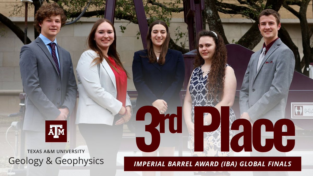Texas A&M Geology and Geophysics (@tamu_geogeo) on Twitter photo Congrats to the 2025 <a href="/TAMU_GeoGeo/">Texas A&M Geology and Geophysics</a> IBA Team! Competing against 57 teams from around the world, the team earned third place globally at the May 2025 <a href="/AAPGStudents/">AAPGStudents</a> Global Final!
Read more about the super team: tx.ag/GEPLUndergradI… Congrats to the 2025 <a href="/TAMU_GeoGeo/">Texas A&M Geology and Geophysics</a> IBA Team! Competing against 57 teams from around the world, the team earned third place globally at the May 2025 <a href="/AAPGStudents/">AAPGStudents</a> Global Final!
Read more about the super team: tx.ag/GEPLUndergradI…
