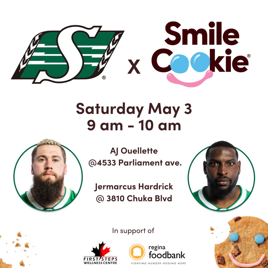 Regina Food Bank (@reginafoodbank) on Twitter photo Tomorrow, May 3, <a href="/sskroughriders/">Saskatchewan Roughriders</a> players are spreading smiles at two <a href="/TimHortonsYQR/">Tim Hortons Regina</a> locations!
Picking up a Smile Cookie from your favourite player's location between 9-10am. Every cookie helps <a href="/ReginaFoodBank/">Regina Food Bank</a> & <a href="/FSWCRegina/">First Steps Wellness</a>! Tomorrow, May 3, <a href="/sskroughriders/">Saskatchewan Roughriders</a> players are spreading smiles at two <a href="/TimHortonsYQR/">Tim Hortons Regina</a> locations!
Picking up a Smile Cookie from your favourite player's location between 9-10am. Every cookie helps <a href="/ReginaFoodBank/">Regina Food Bank</a> & <a href="/FSWCRegina/">First Steps Wellness</a>!
