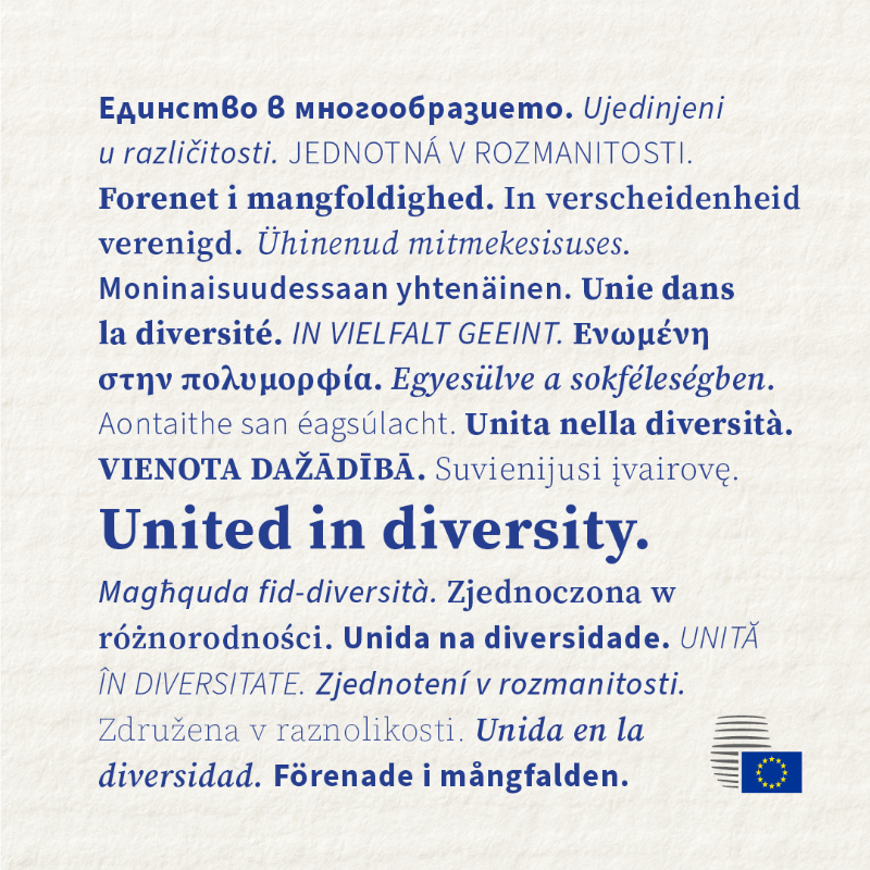 EUCouncil's tweet photo. "United in Diversity". One motto, millions living by it. 🇪🇺

Adopted 25 years ago today, it reflects how Europeans live, connect, and come together.

A lasting call for peace, unity, and pride in the rich traditions, languages, and ways of life that shape the EU. https://t.co/yEFs1CfG8k