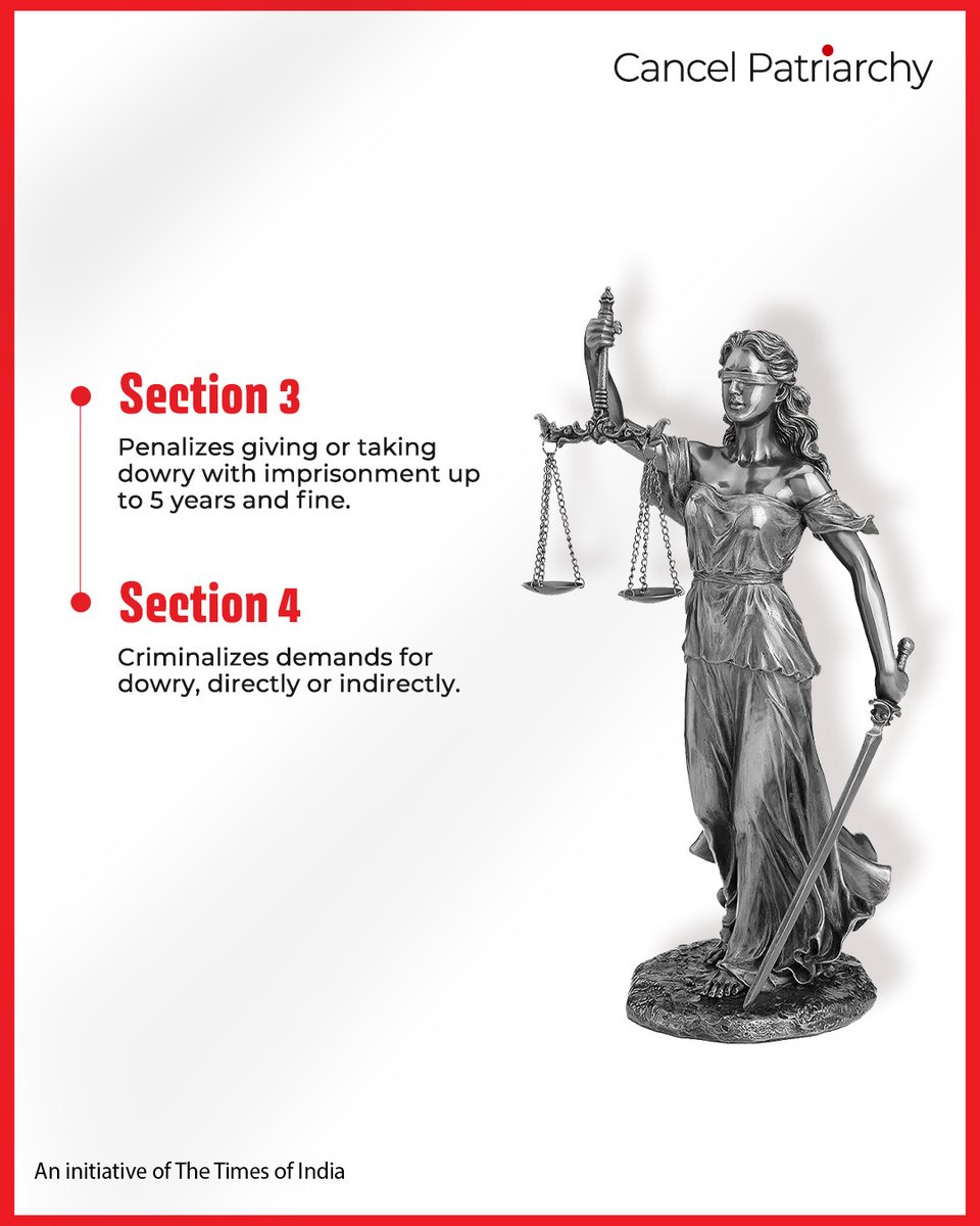 The Dowry Prohibition Act penalizes giving or taking dowry with imprisonment up to 5 years and fine. Know your rights. Write to us with your queries anonymously and we will endeavor to publish detailed answers on our website.

cancelpatriarchy.in 

#CancelPatriarchy #TOI