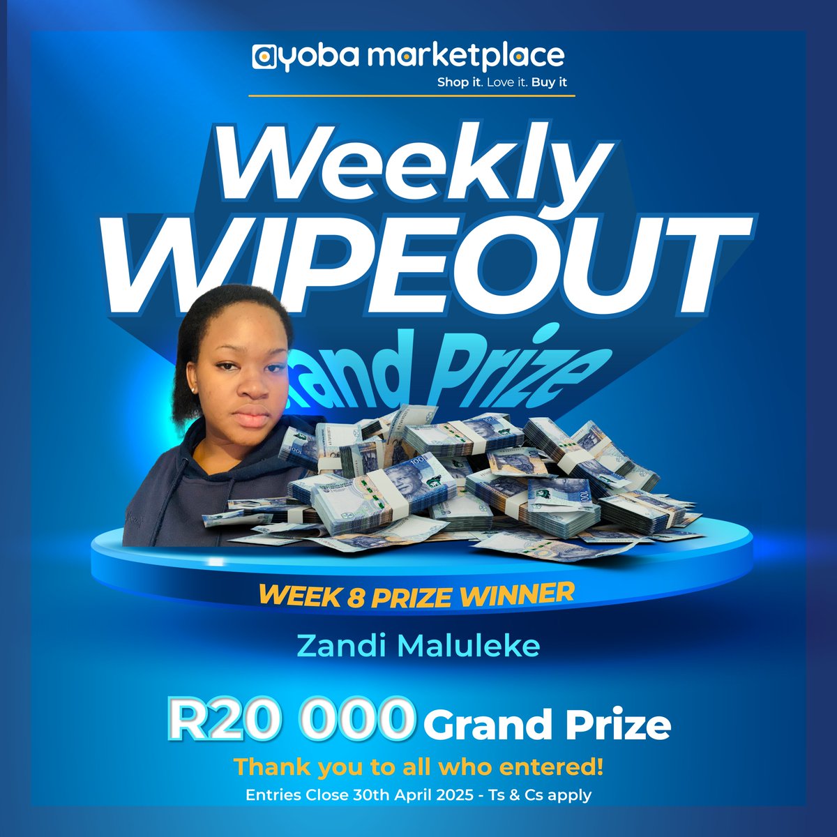 💥 R20,000 goes to… Zandi Maluleke!

She’s our GRAND PRIZE winner of the Ayoba Weekly Wipeout! 🥳💸

Huge thanks to all who entered — stay tuned for more exciting drops!

#WeeklyWipeout #AyobaMarketplace #GrandPrize #WinBig #MadeInAfricaForTheWorld