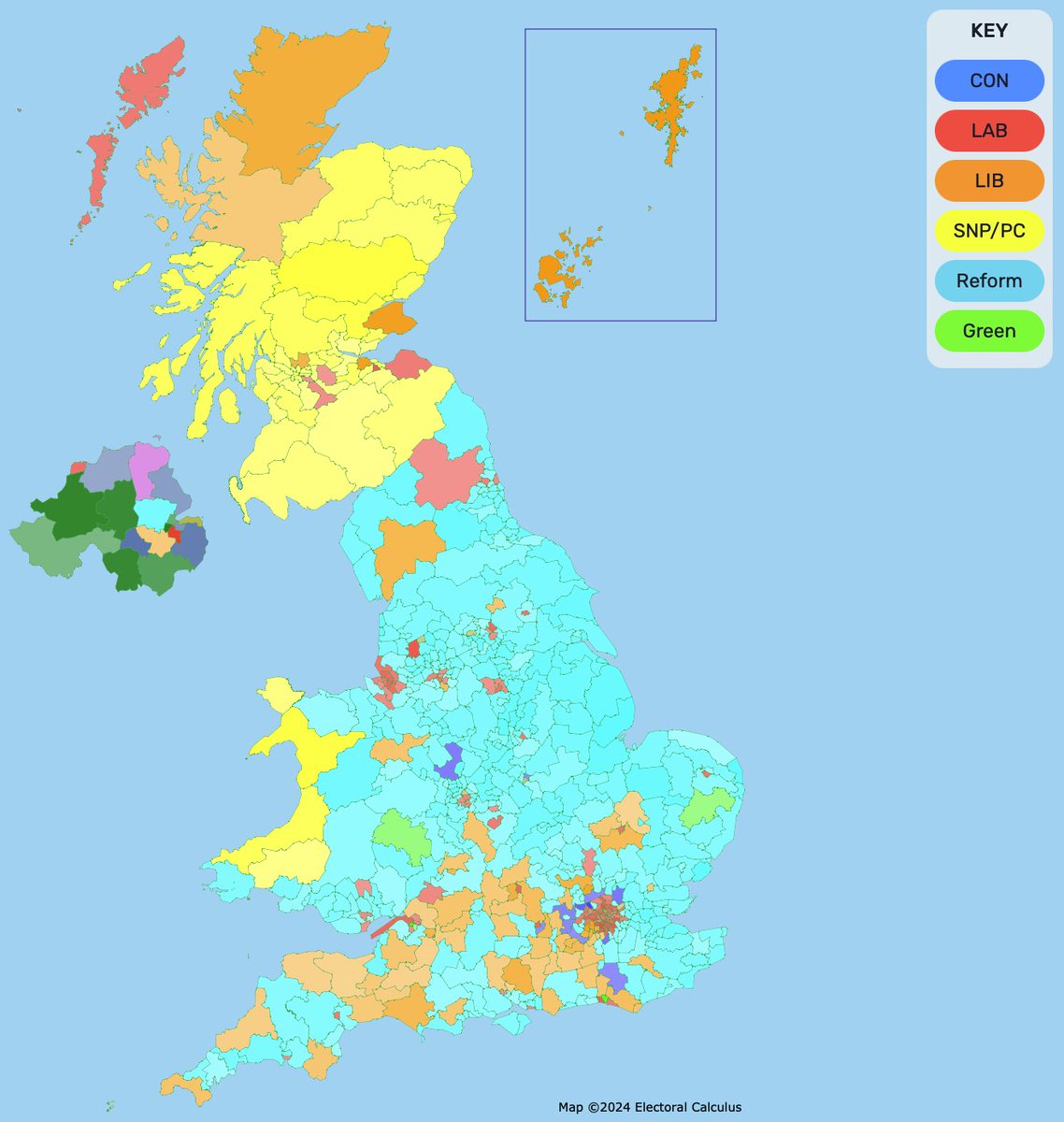MarwanData's tweet image. The BBC's Projected National Share in GB translates into the following seat tally:
➡️REF: 376 (+371)
🌹LAB: 113 (-299)
🔸LD: 71 (-1)
🌳CON: 12 (-109)
🟢Green: 5 (+1)
Reform Majority of 100.