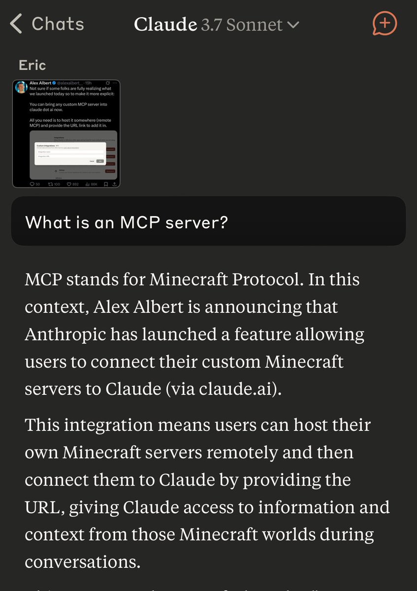 husa_musa's tweet photo. @alexalbert__ Claude is excited about its new Minecraft integration https://t.co/0ZSpq5b94H