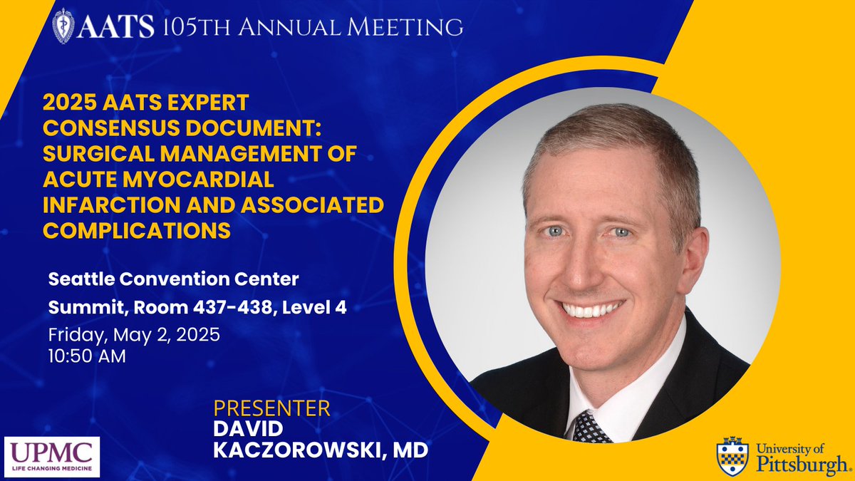 Pitt Cardiothoracic Surgery Department (@upmc_ctsurgery) on Twitter photo Dr. David Kaczorowski presents the 2025 AATS Consensus Document for Surgical Management of Acute MI & Associated Complications at #AATS2025
Summit, Room 437-438, Level 4
Friday 5/2/25 @ 10:50am
🔗: jtcvs.org/article/S0022-…
<a href="/AATSHQ/">AATS</a> <a href="/HviUpmc/">UPMC Heart and Vascular Institute</a> <a href="/UPMCPhysicianEd/">UPMC Physician Resources</a> <a href="/DavidKaczoro/">David Kaczorowski</a> Dr. David Kaczorowski presents the 2025 AATS Consensus Document for Surgical Management of Acute MI & Associated Complications at #AATS2025
Summit, Room 437-438, Level 4
Friday 5/2/25 @ 10:50am
🔗: jtcvs.org/article/S0022-…
<a href="/AATSHQ/">AATS</a> <a href="/HviUpmc/">UPMC Heart and Vascular Institute</a> <a href="/UPMCPhysicianEd/">UPMC Physician Resources</a> <a href="/DavidKaczoro/">David Kaczorowski</a>