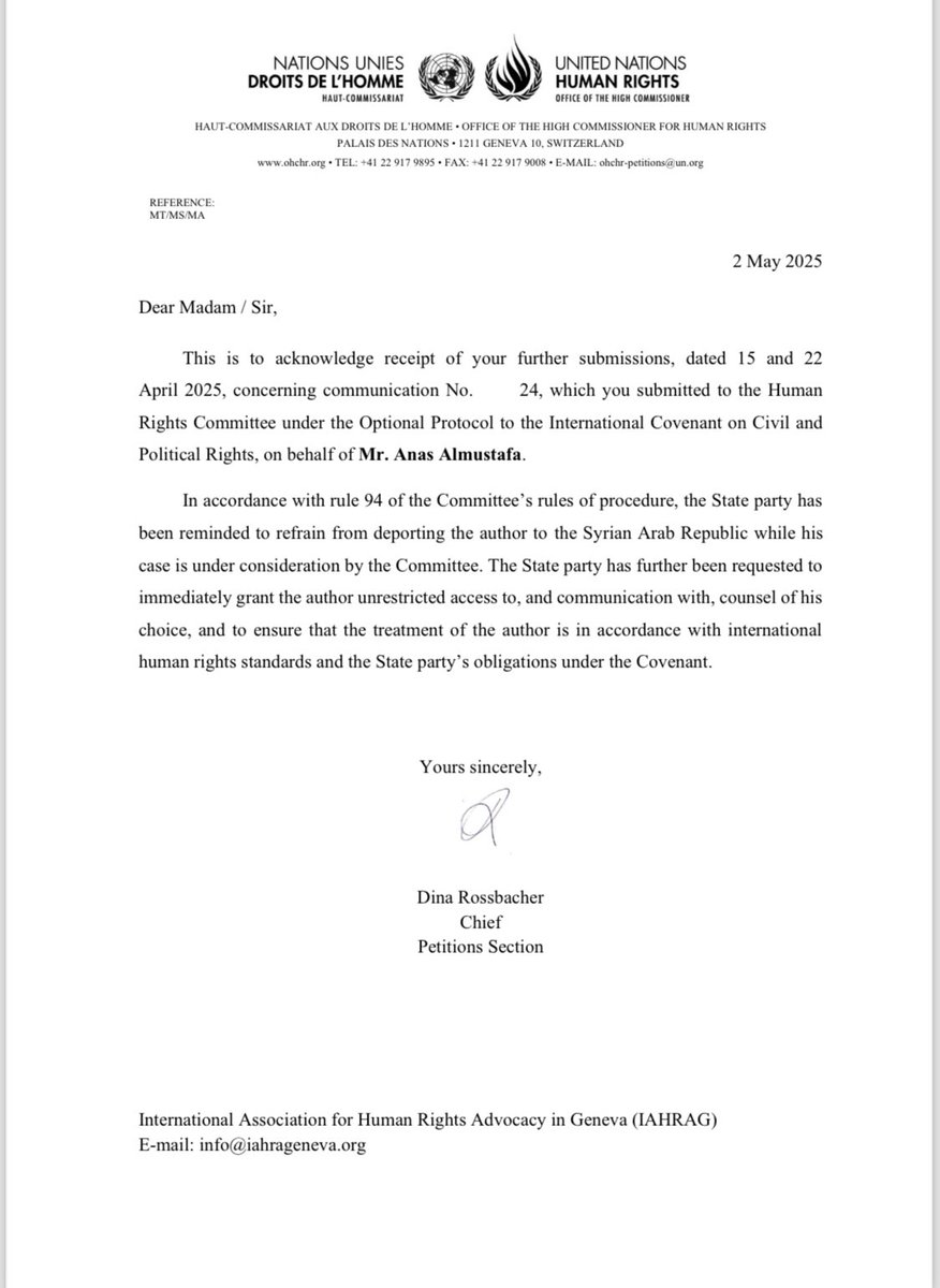 Despite an interim measure from the UN Human Rights Committee, #Türkiye continues to detain Mr. Almustafa in order to deport him. Today, the Committee reiterated: no deportation, full access to his lawyer, and no mistreatment in violation of human rights standards.
This
