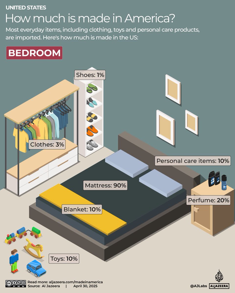 As Donald Trump pushes forward with his tariffs policy to bring manufacturing back to the US, steep import taxes will drive up prices for US consumers.

So, how much of a typical US household is made in America or imported? aje.io/5wmn86