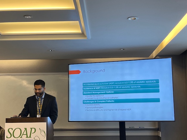 Our Obstetric Anesthesia Fellow Dr. Rishabh Jindal did an excellent job presenting at the Society for Obstetric Anesthesia &amp; Perinatology Annual Meeting this week! He presented his work on accidental dural puncture. Congrats, Dr. Jindal!

#SOAPAM2025 <a href="/SOAPHQ/">SOAP</a> #Anesthesiology