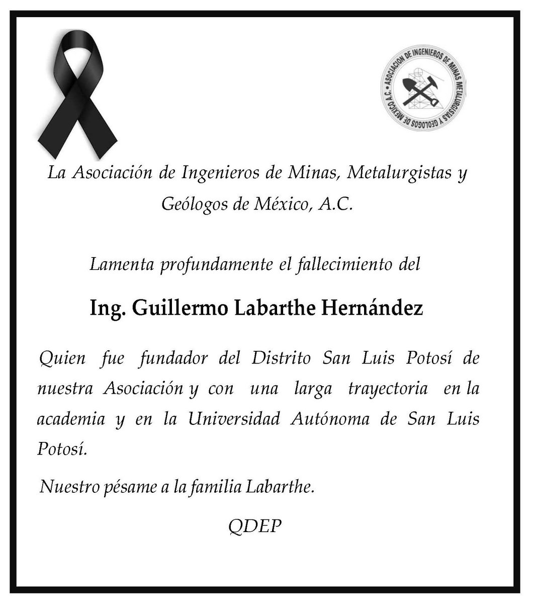 AIMMGM Nacional (@aimmgm_nacional) on Twitter photo La AIMMGM lamenta profundamente el fallecimiento del Ing. Guillermo Labarthe Hernández, quien fue socio fundador del #DistritoSanLuisPotosí de nuestra Asociación <a href="/AimmgmD/">Aimmgm_SanLuis</a>. Nuestro pésame a la familia Labarthe.
QDEP✝️ La AIMMGM lamenta profundamente el fallecimiento del Ing. Guillermo Labarthe Hernández, quien fue socio fundador del #DistritoSanLuisPotosí de nuestra Asociación <a href="/AimmgmD/">Aimmgm_SanLuis</a>. Nuestro pésame a la familia Labarthe.
QDEP✝️