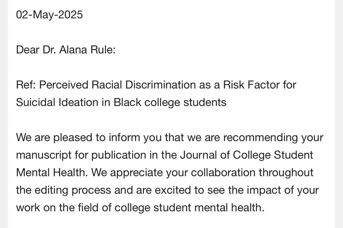 So excited to announce that my first first author manuscript is being published in the Journal of College Student Mental Health 🥹🙏🏽. The comments from the reviewers have been so supportive and reaffirmed my love and dedication to research in Black youth suicide. Super grateful.
