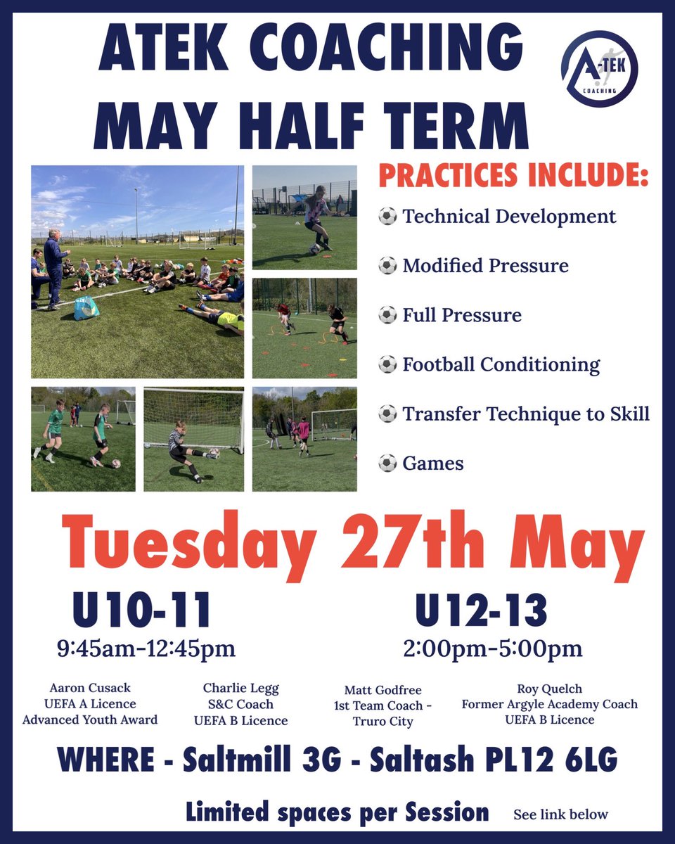 ‼️ ATEK COACHING MAY HALF TERM SESSIONS‼️

Due to the popularity of the Easter half term sessions and the outstanding feedback received, ATEK coaching is running more sessions during May Half Term 

If interested please register below 👇🏻 

docs.google.com/forms/d/16za94…