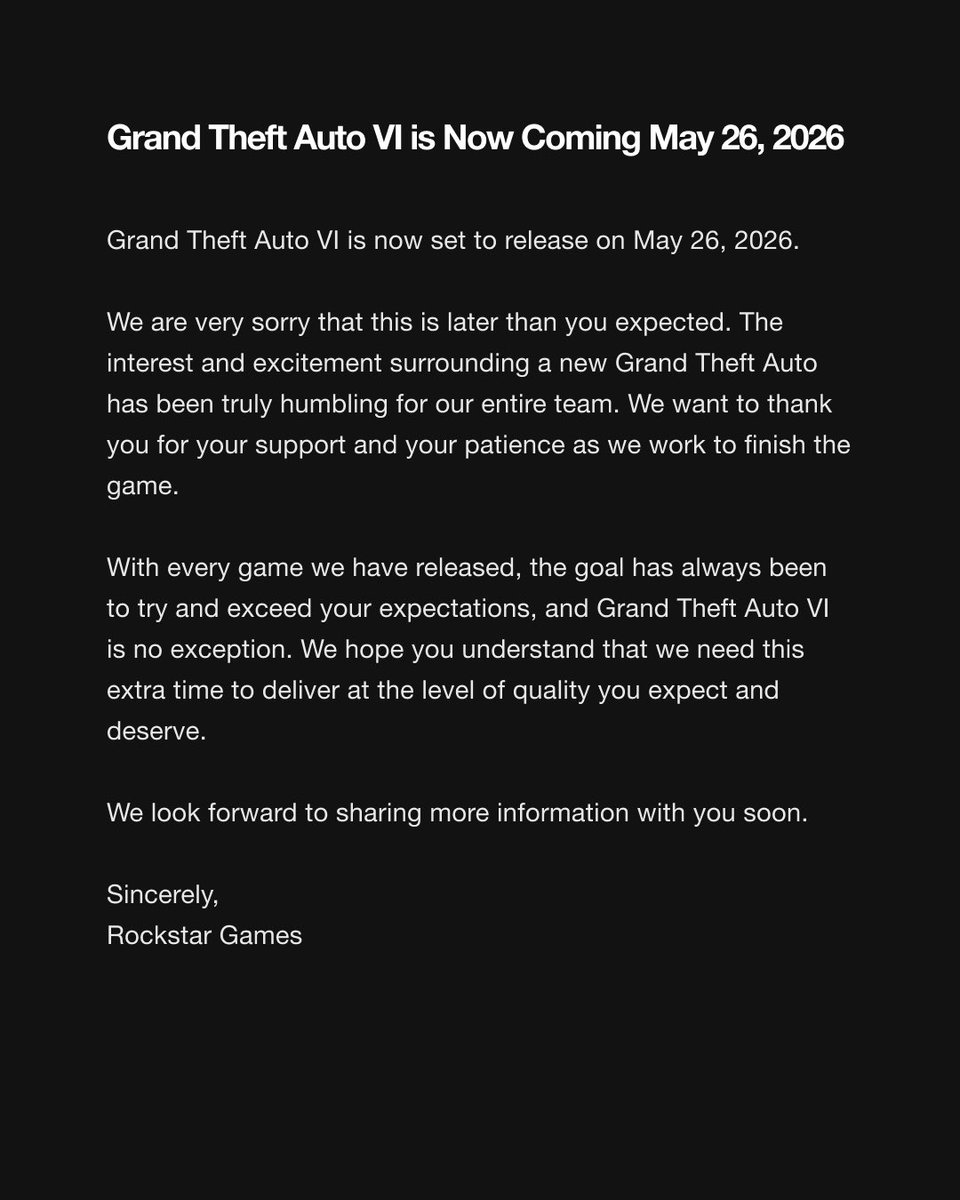 WinnerCPodcast's tweet photo. Grand Theft Auto VI has been officially delayed &amp; is now set to release on May 26, 2026 🎮 https://t.co/EfLXtwlGpg